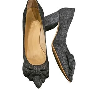 Kate Spade Bow Block Heel Pumps Navy Textured Pointed Toe Size 7.5
